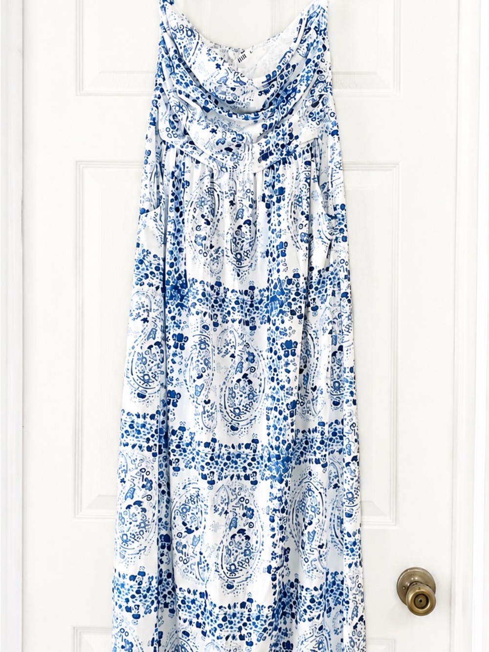 GRACE KARIN Women’s Blue White Paisley Strapless Maxi Dress Pockets NWOT Size S